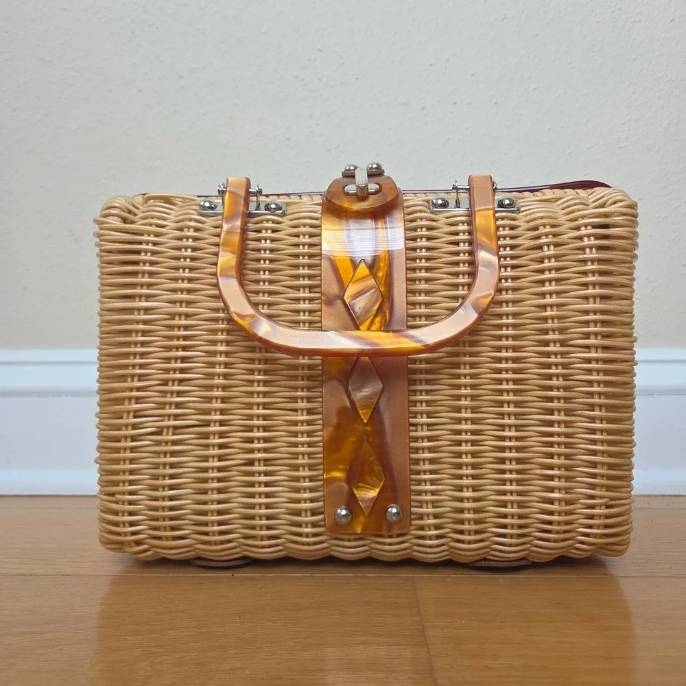 Free People Rattan Wicker Handbag Amber Acrylic Tortoise Handle Box Bag Tan